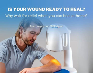 Bioptron light therapy device used near a healing wound for recovery support