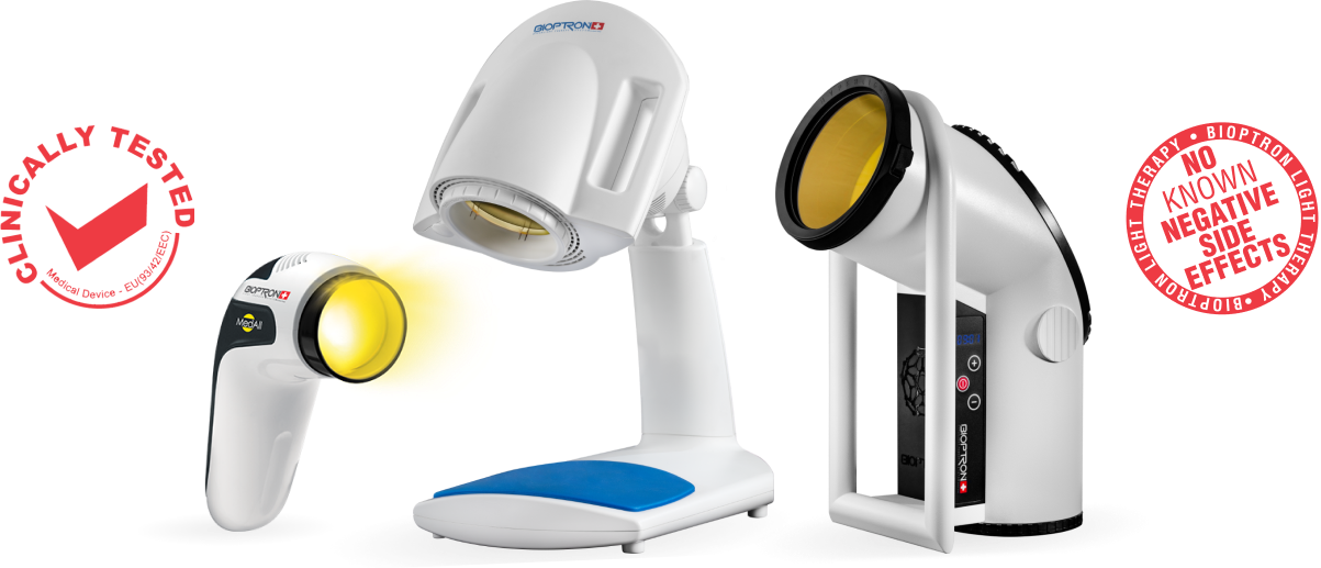 Bioptron light therapy device used near a healing wound for recovery support