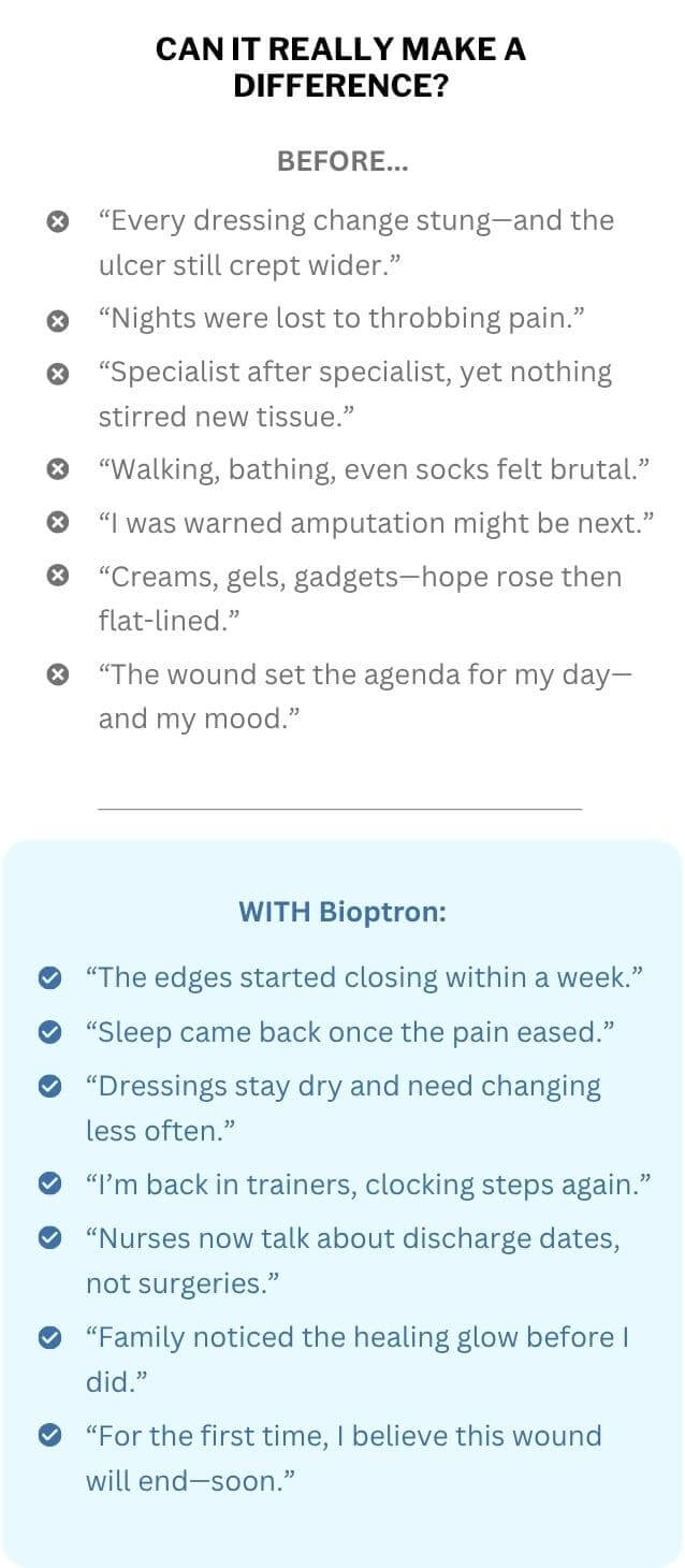 Bioptron light therapy device used near a healing wound for recovery support