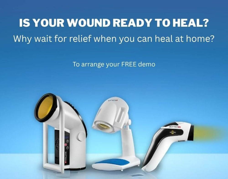 Bioptron light therapy device used near a healing wound for recovery support