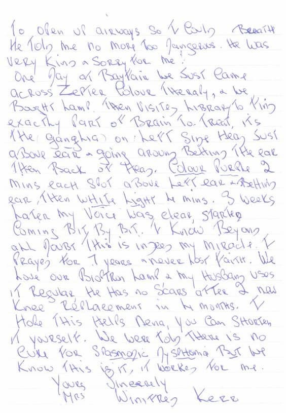 Spasmodic Dysphonia: Winifred's Bioptron Testimonial